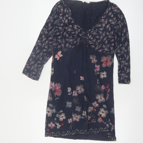 White Stuff Women's Blue Floral Cotton V-Neck Knee Length Dress Size 12