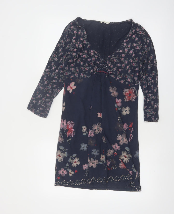 White Stuff Women's Blue Floral Cotton V-Neck Knee Length Dress Size 12