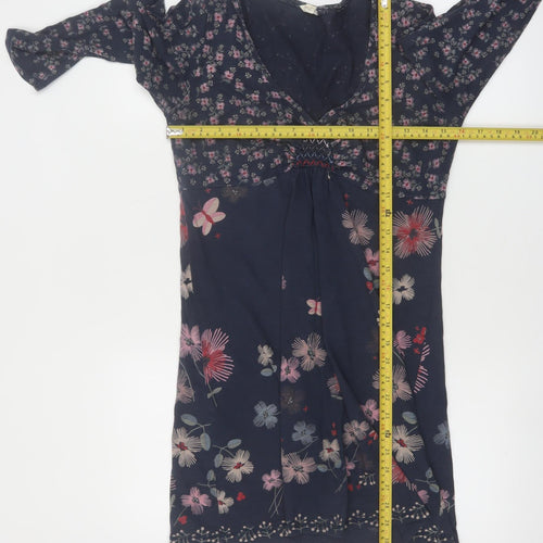 White Stuff Women's Blue Floral Cotton V-Neck Knee Length Dress Size 12