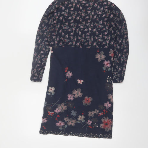 White Stuff Women's Blue Floral Cotton V-Neck Knee Length Dress Size 12
