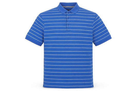 Front view of Sandstone Men's Blue Striped Polo Shirt, size M, Cotton Casual
