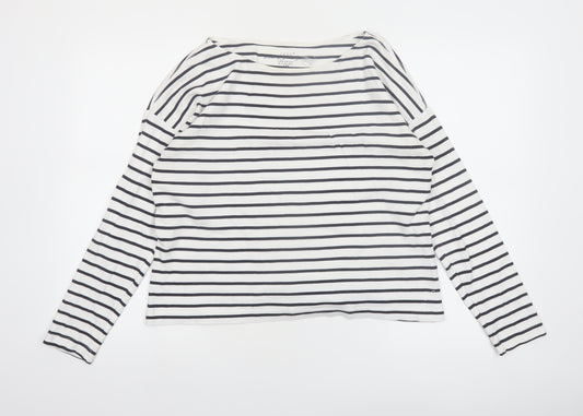 H&M Women’s White Striped Long Sleeve Cotton Boat Neck Top Size 12