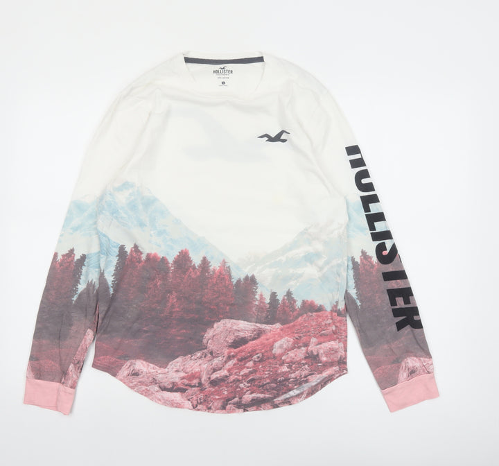 Hollister Men’s White Long Sleeve Graphic Landscape Cotton Top Size S