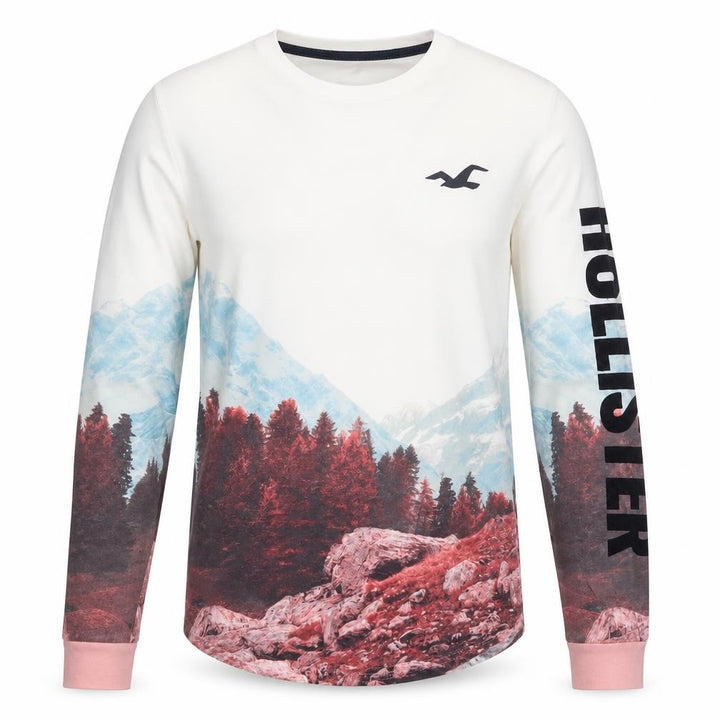 Hollister Men’s White Long Sleeve Graphic Landscape Cotton Top Size S