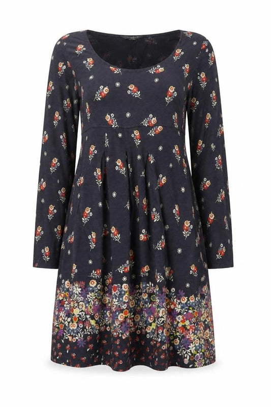 Front view of White Stuff Women's Blue Floral A-Line Cotton Dress, size 12