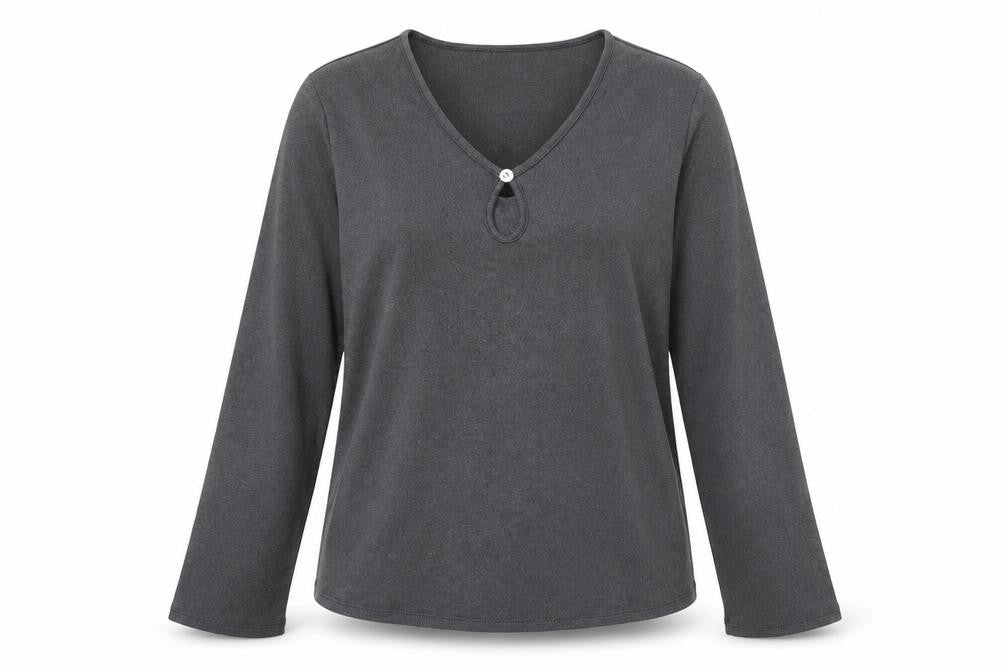 Front view of Marks & Spencer Women's Grey V-Neck Long Sleeve Stretch Top, size 16