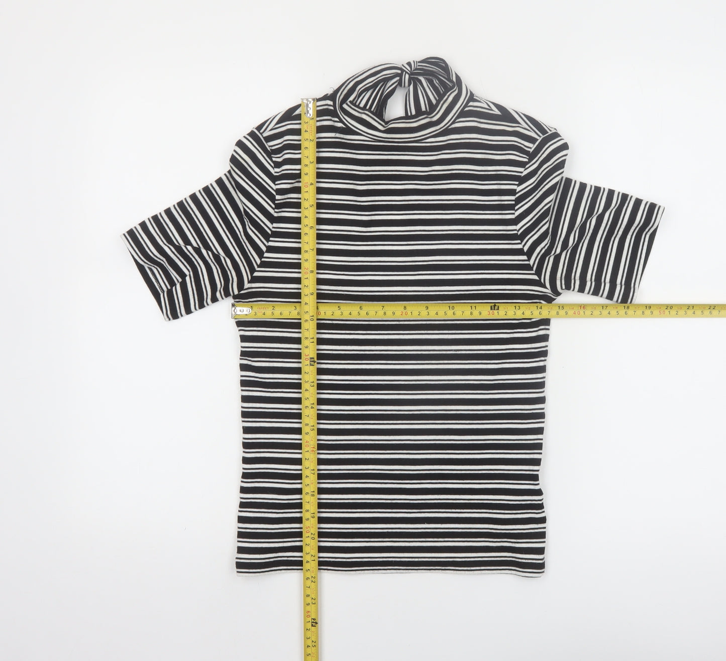 Marks and Spencer Women’s Black Striped High Neck Bow T-Shirt Size 10