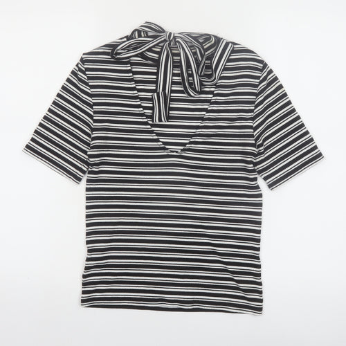 Marks and Spencer Women’s Black Striped High Neck Bow T-Shirt Size 10