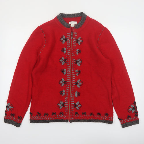 Christopher & Banks Women's Red Wool Blend Floral Zip Cardigan M