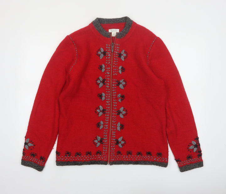 Christopher & Banks Women's Red Wool Blend Floral Zip Cardigan M