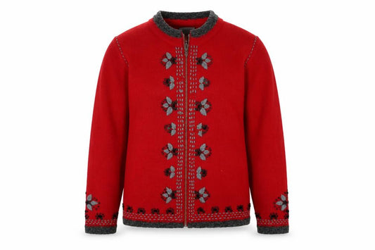 Front view of Christopher & Banks Women's Red Wool Blend Floral Zip Cardigan M