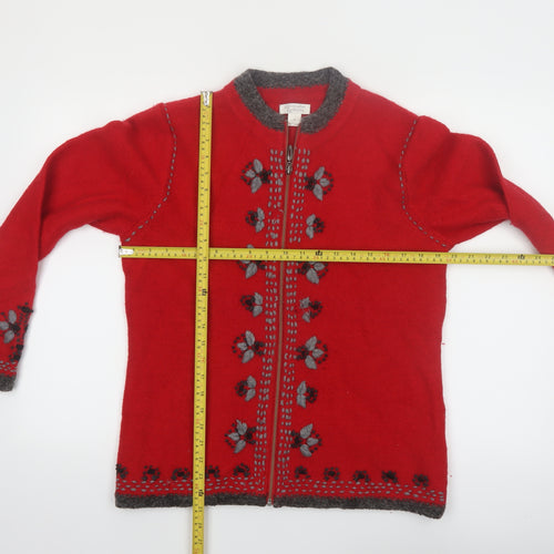 Christopher & Banks Women's Red Wool Blend Floral Zip Cardigan M