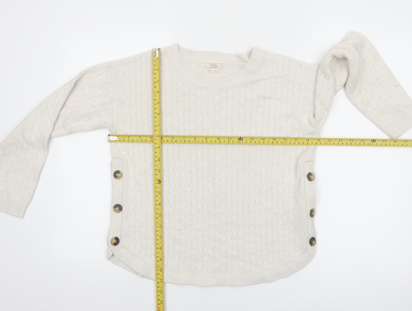 Fat Face Women Ivory Crew Neck Button Side Cable Knit Jumper Size 8