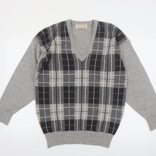 Alan Paine Men Grey Wool Check V-Neck Pullover Jumper M