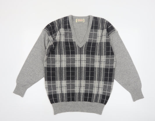 Alan Paine Men Grey Wool Check V-Neck Pullover Jumper M