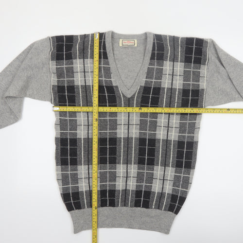 Alan Paine Men Grey Wool Check V-Neck Pullover Jumper M