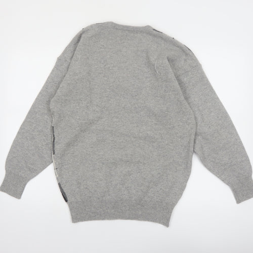 Alan Paine Men Grey Wool Check V-Neck Pullover Jumper M