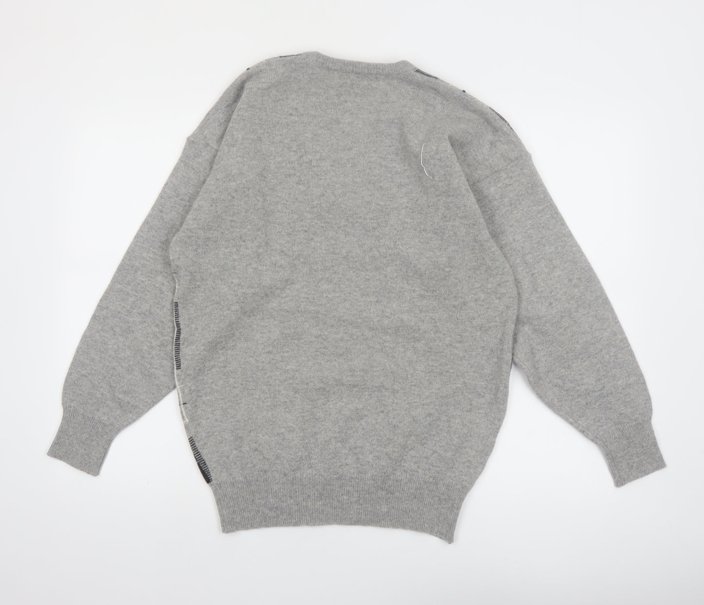 Alan Paine Men Grey Wool Check V-Neck Pullover Jumper M