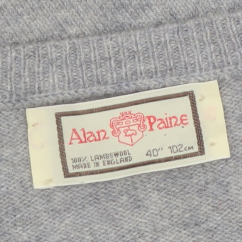 Alan Paine Men Grey Wool Check V-Neck Pullover Jumper M