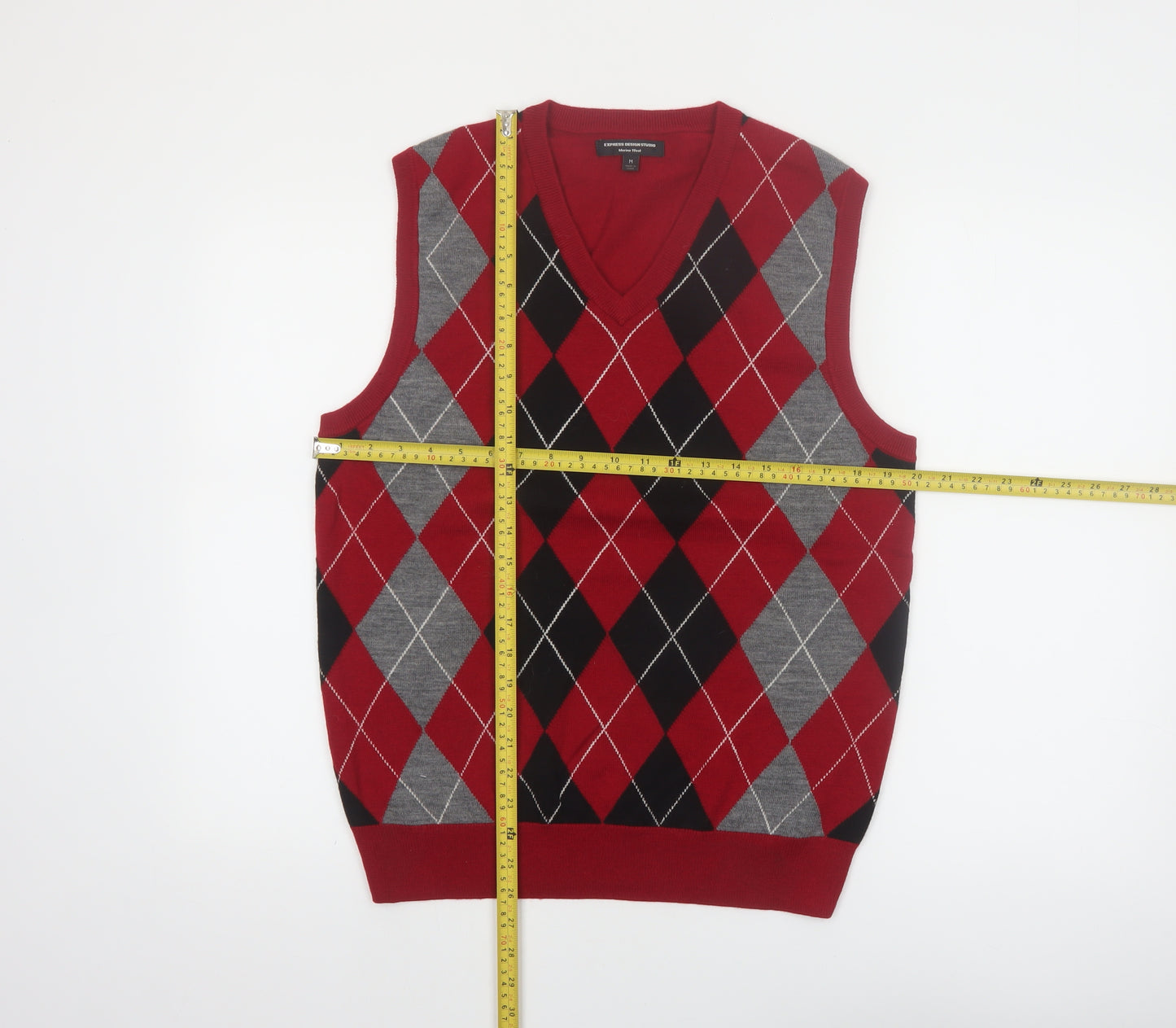 Express Design Studio Men's Red Argyle Wool V-Neck Vest M