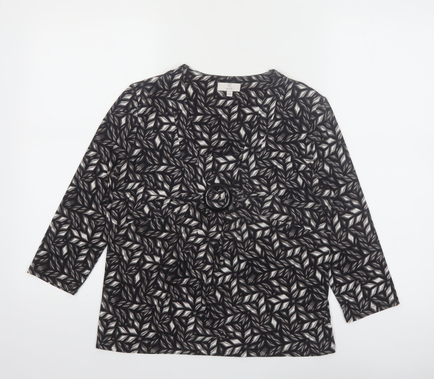 CC Petite Women's Black Geometric Tunic Blouse Size 8 with Buckle Detail