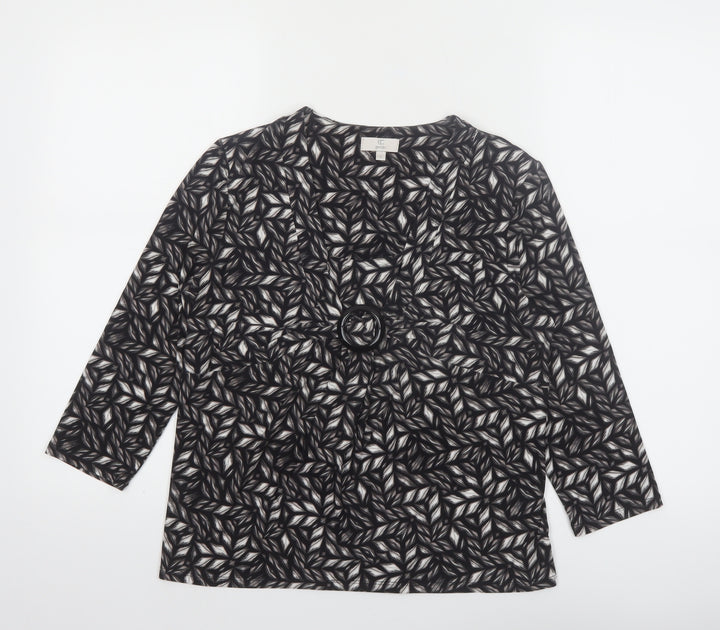 CC Petite Women's Black Geometric Tunic Blouse Size 8 with Buckle Detail