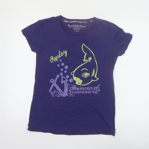 Replay Womens Purple Graphic T-Shirt Large Short Sleeve Cotton