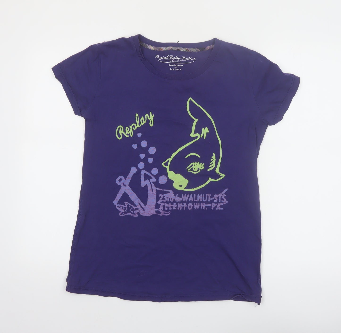 Replay Womens Purple Graphic T-Shirt Large Short Sleeve Cotton