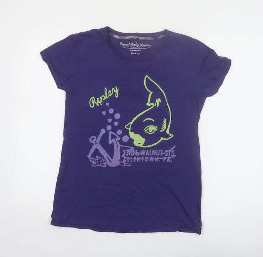 Replay Womens Purple Graphic T-Shirt Large Short Sleeve Cotton
