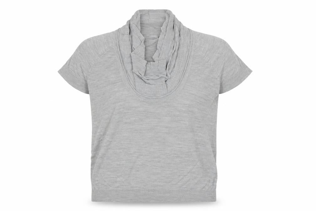 Front view of Armani Jeans Women's Grey Cowl Neck Short Sleeve Top, size 6