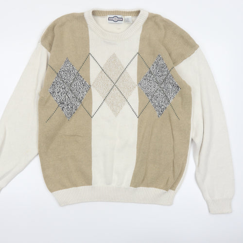 Gulf Traders Men's Beige Argyle Knit Jumper L Classic Pullover