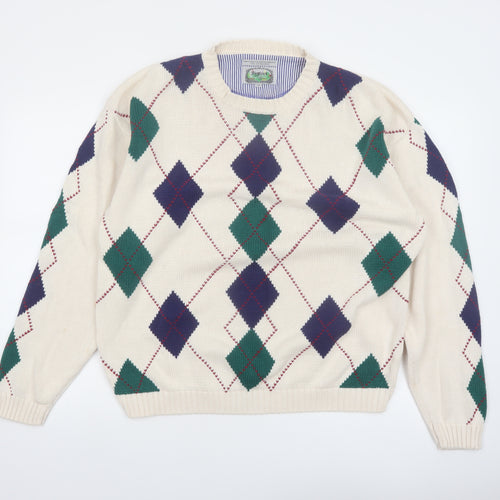 Siegfried Men Beige Argyle Cotton Pullover Jumper M Classic Retro Knit