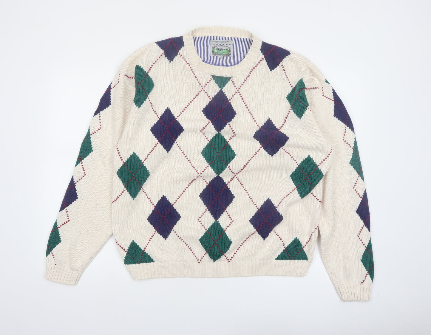 Siegfried Men Beige Argyle Cotton Pullover Jumper M Classic Retro Knit