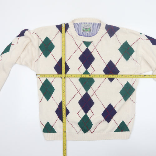 Siegfried Men Beige Argyle Cotton Pullover Jumper M Classic Retro Knit