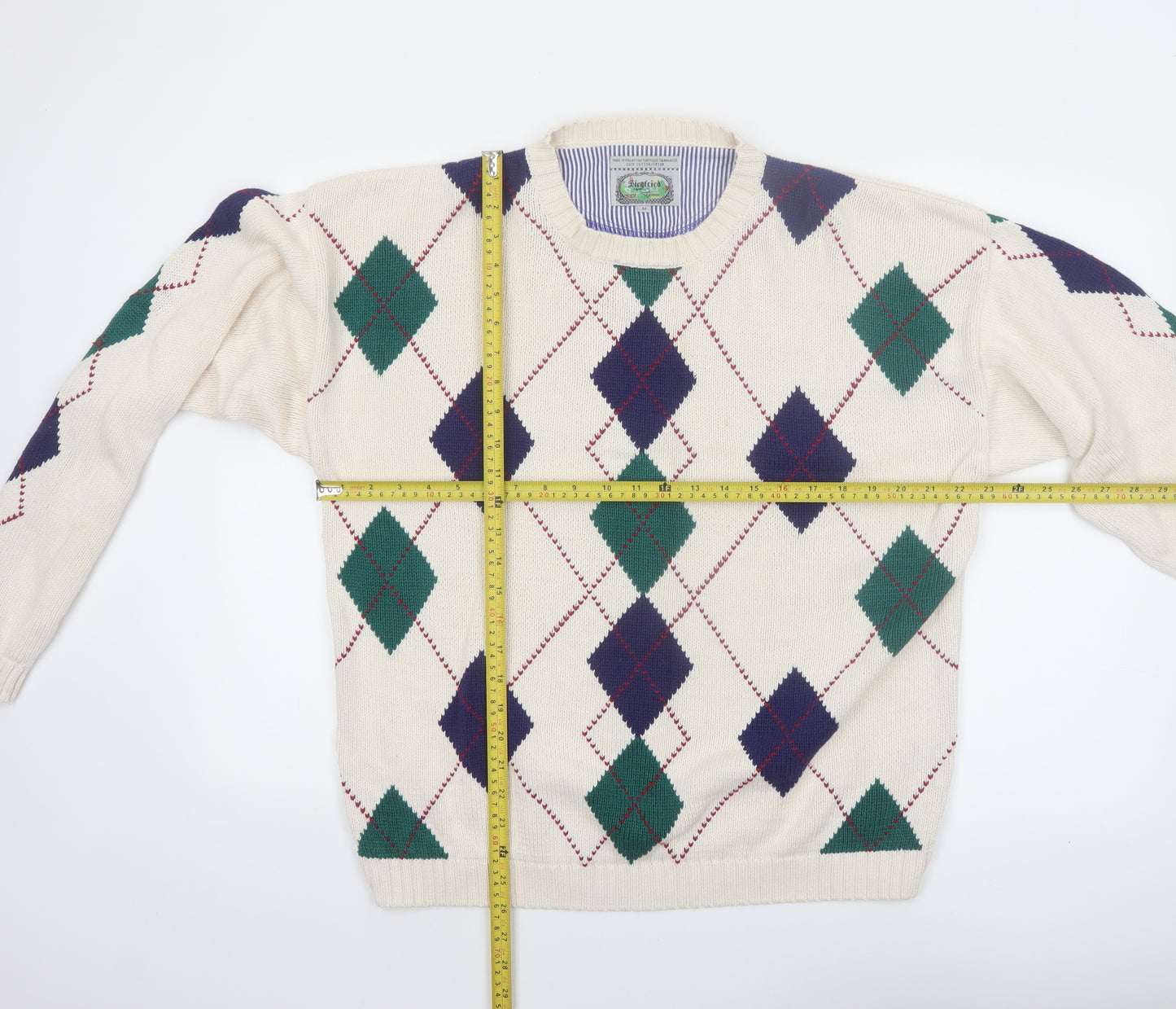 Siegfried Men Beige Argyle Cotton Pullover Jumper M Classic Retro Knit