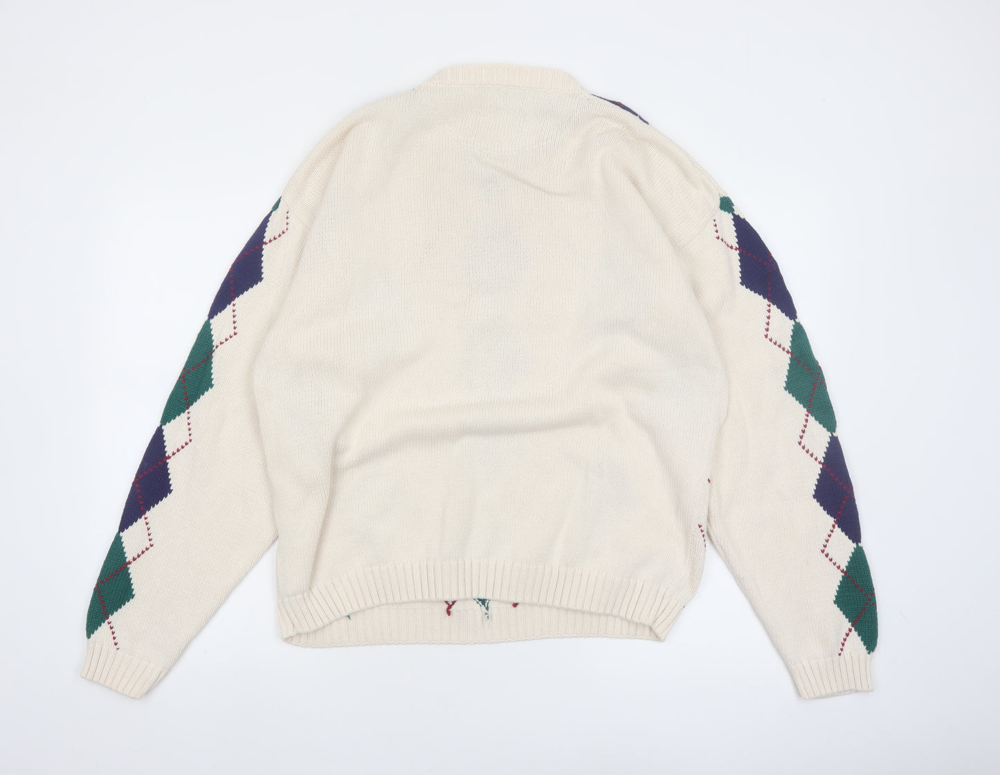 Siegfried Men Beige Argyle Cotton Pullover Jumper M Classic Retro Knit