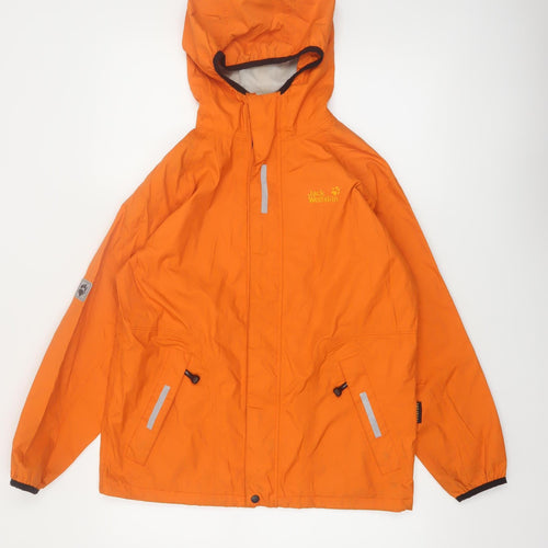 Jack Wolfskin Boys Orange Waterproof Hooded Rain Coat Jacket Size 152