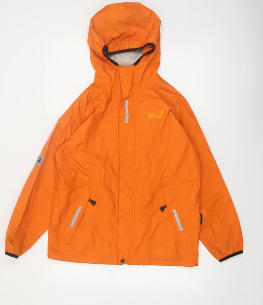 Jack Wolfskin Boys Orange Waterproof Hooded Rain Coat Jacket Size 152