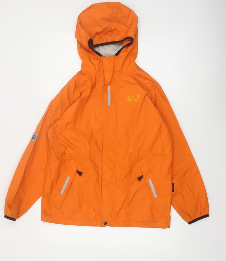 Jack Wolfskin Boys Orange Waterproof Hooded Rain Coat Jacket Size 152