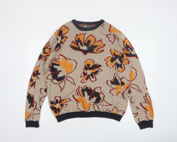 ASOS Women’s Beige Floral Cotton Jumper Size L Crew Neck Knit