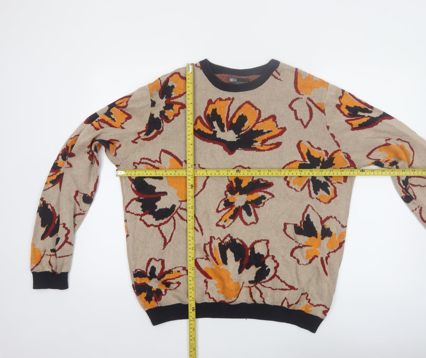 ASOS Women’s Beige Floral Cotton Jumper Size L Crew Neck Knit