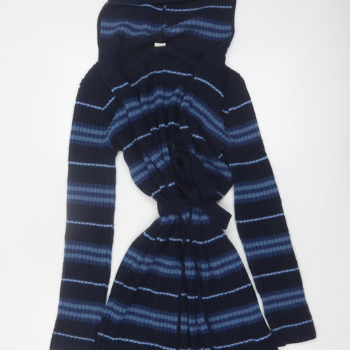 Coolwear Women Navy Blue Hooded Belted Cardigan Small Striped Knit