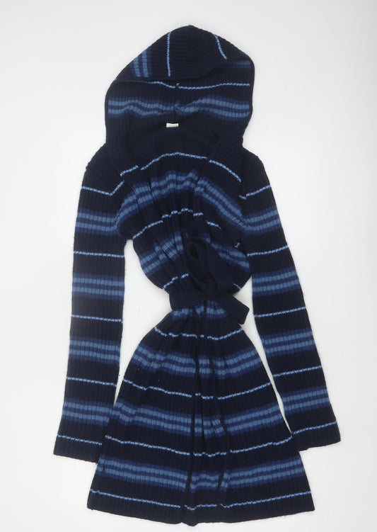 Coolwear Women Navy Blue Hooded Belted Cardigan Small Striped Knit