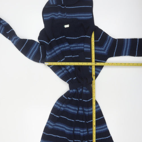 Coolwear Women Navy Blue Hooded Belted Cardigan Small Striped Knit