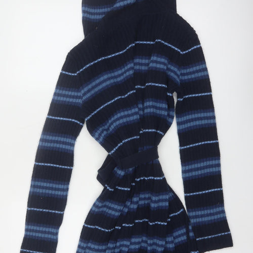Coolwear Women Navy Blue Hooded Belted Cardigan Small Striped Knit