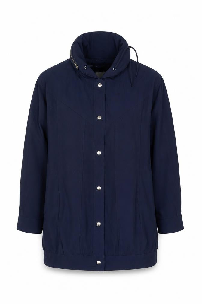 Front view of Rugged Wear women’s navy mid-length hooded jacket, size M