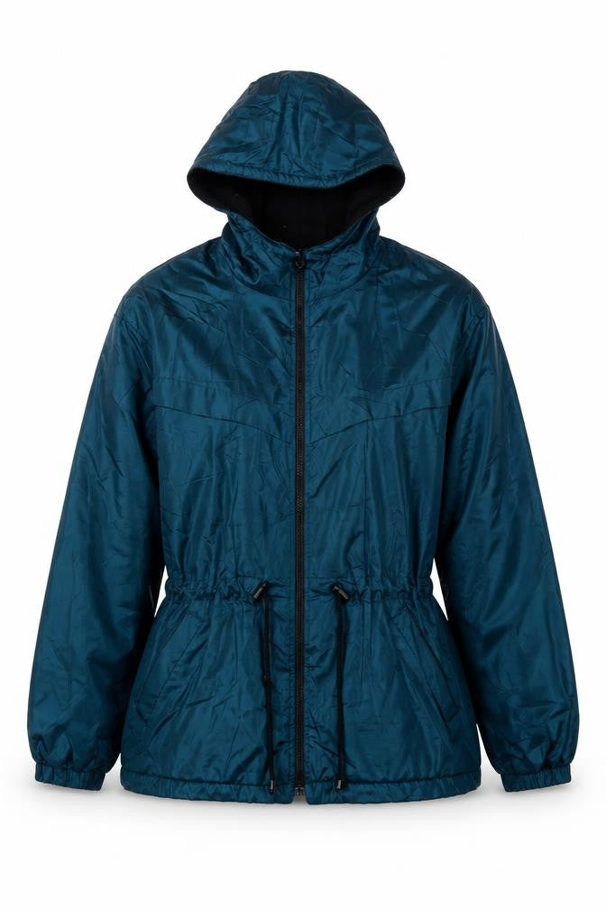 Front view of East West women’s teal hooded full zip windbreaker jacket, size M