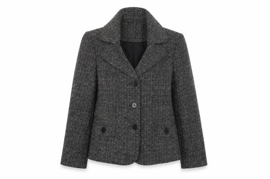 Front view of Style by EWM Women's Grey Tweed Blazer, size 12, Classic Work Jacket