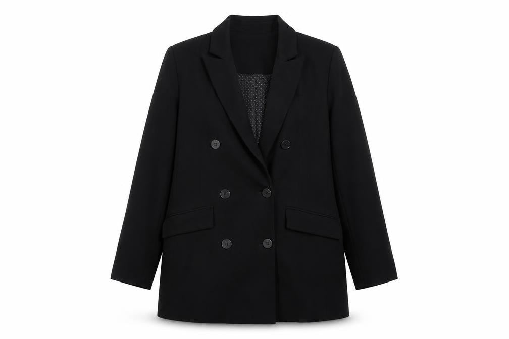 Front view of Mint Velvet Women's Black Double-Breasted Blazer, size 12