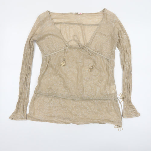 Pink Soda Women Beige Long Sleeve Tassel Tie Tunic Blouse Size 10